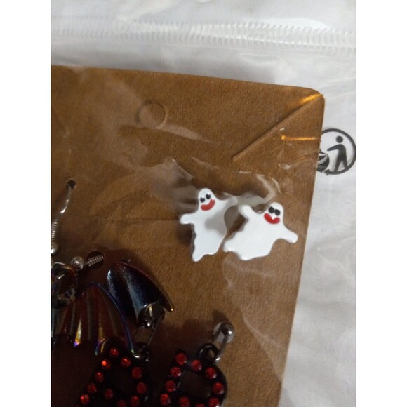Halloween Earrings Set of 3 Ghost Studs Iridescent Dangle Bats & Rhinestone Boo - Picture 2 of 5